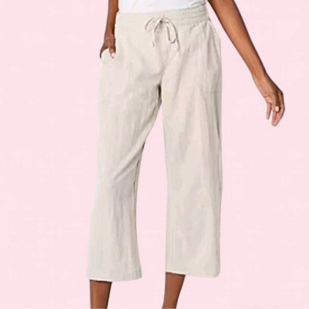 Liz Claiborne Linen Wide Leg Pants M Cream Pull On Coastal Chic Resort Capsule - Picture 2 of 7